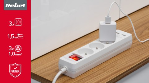 Przedłużacz sieciowy Rebel 3 gniazda + 2 gniazda USB z wyłącznikiem - 1.5m Przedłużacz sieciowy Rebel 3 gniazda + 2 gniazda USB z wyłącznikiem - 1.5m
