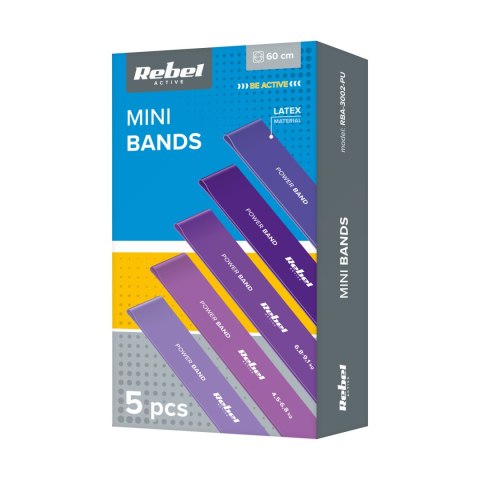 Zestaw gum do ćwiczeń lateksowy - Mini Band L, 2.3-18.2 kg, 5 gum, fioletowy, REBEL ACTIVE Zestaw gum do ćwiczeń lateksowy - Mini Band L, 2.3-18.2 kg, 5 gum, fioletowy, REBEL ACTIVE