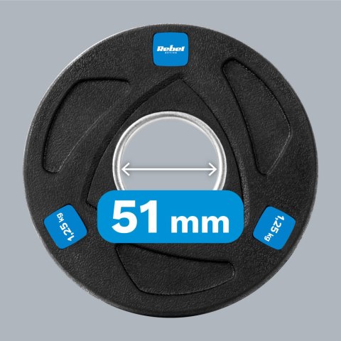 Zestaw obciążeń żeliwnych gumowanych 4x1.25kg, otwór olimpijski 51mm, REBEL ACTIVE Zestaw obciążeń żeliwnych gumowanych 4x1.25kg, otwór olimpijski 51mm, REBEL ACTIVE