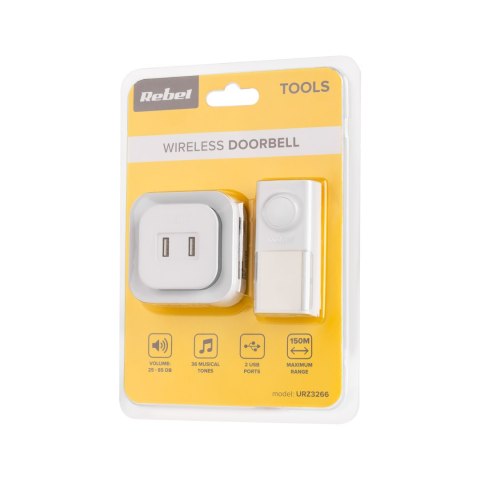 Dzwonek bezprzewodowy do drzwi Rebel z wtyczką 230V (36 melodii, 2 gniazda USB) Dzwonek bezprzewodowy do drzwi Rebel z wtyczką 230V (36 melodii, 2 gniazda USB)