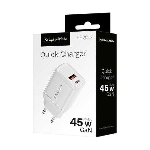 Ładowarka sieciowa Kruger&Matz 45 W GaN z funkcją Power Delivery i Quick Charge Ładowarka sieciowa Kruger&Matz 45 W GaN z funkcją Power Delivery i Quick Charge