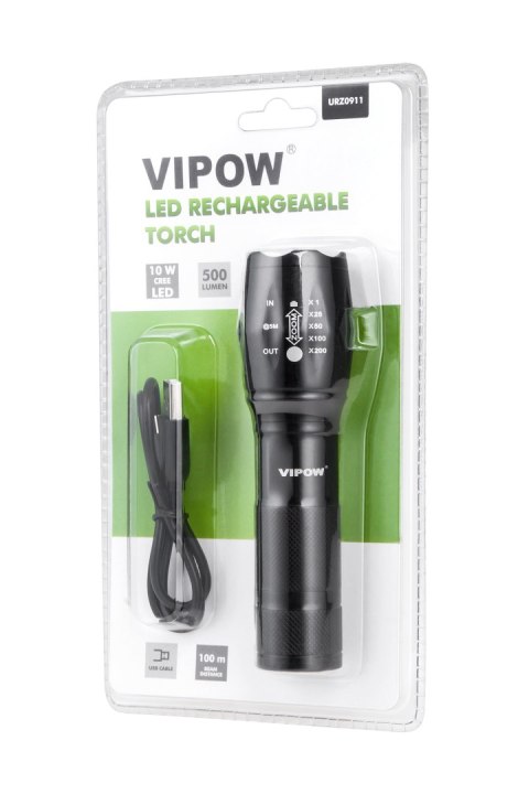 Latarka aluminiowa 10 W z funkcją zoom i kablem micro USB do ładowania Latarka aluminiowa 10 W z funkcją zoom i kablem micro USB do ładowania